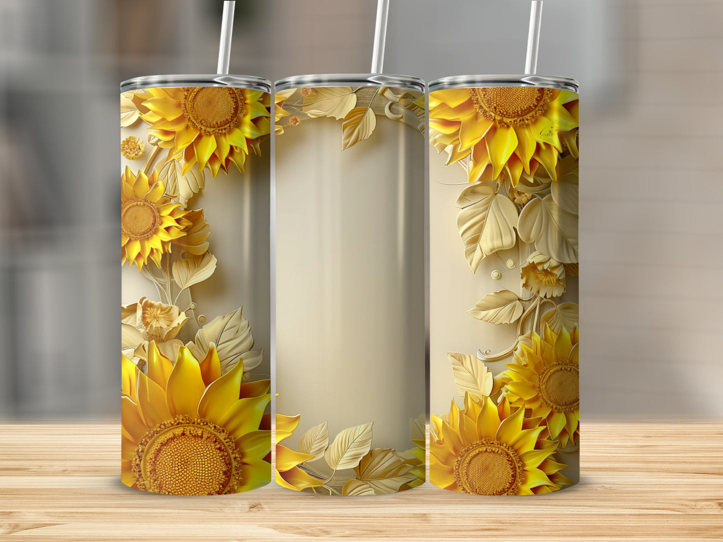 Three tumblers with sunflowers and leaves on a wooden surface.