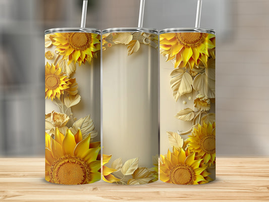 Three tumblers with sunflowers and leaves on a wooden surface.