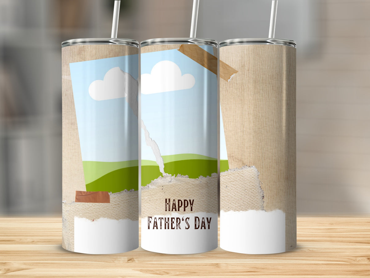 Three tumblers with a Father's Day design featuring torn paper and sky graphics.