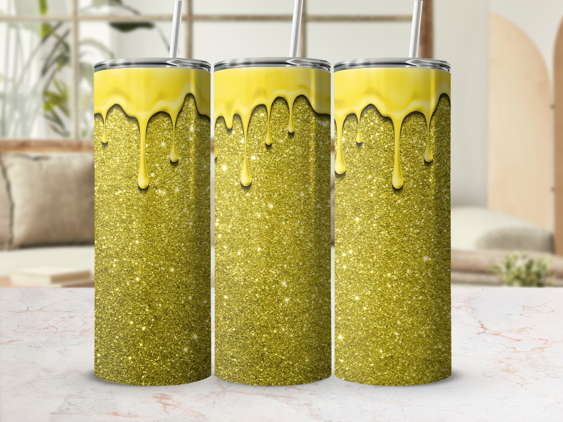 Glittering Yellow and Gold Dripping Tumbler Cup Design