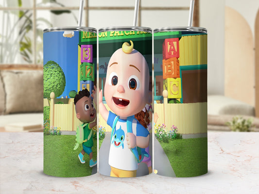 Cocomelon tumbler with cartoon characters and ABC blocks.
