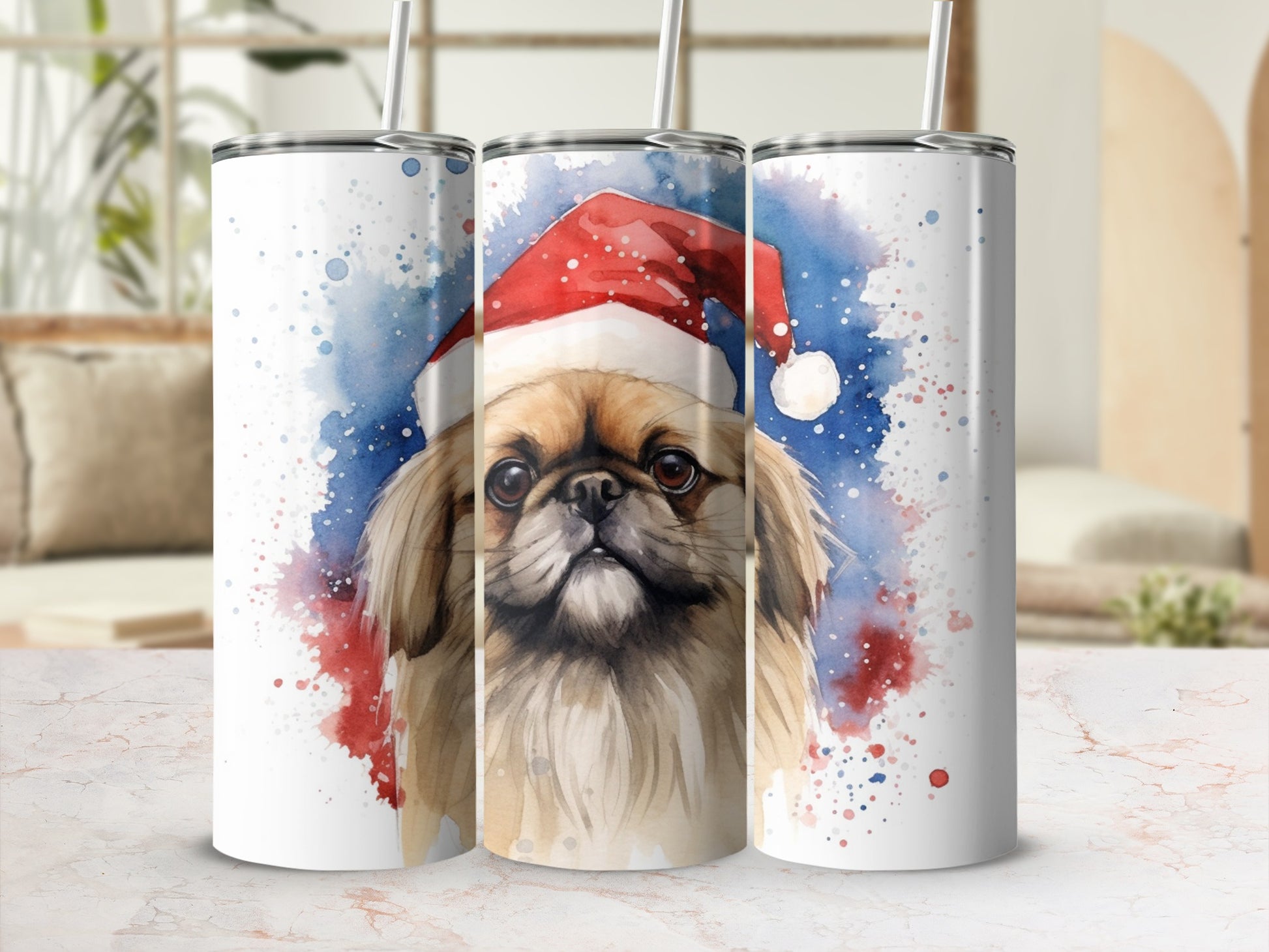 Pekingese dog in Santa hat with watercolor splatter design.