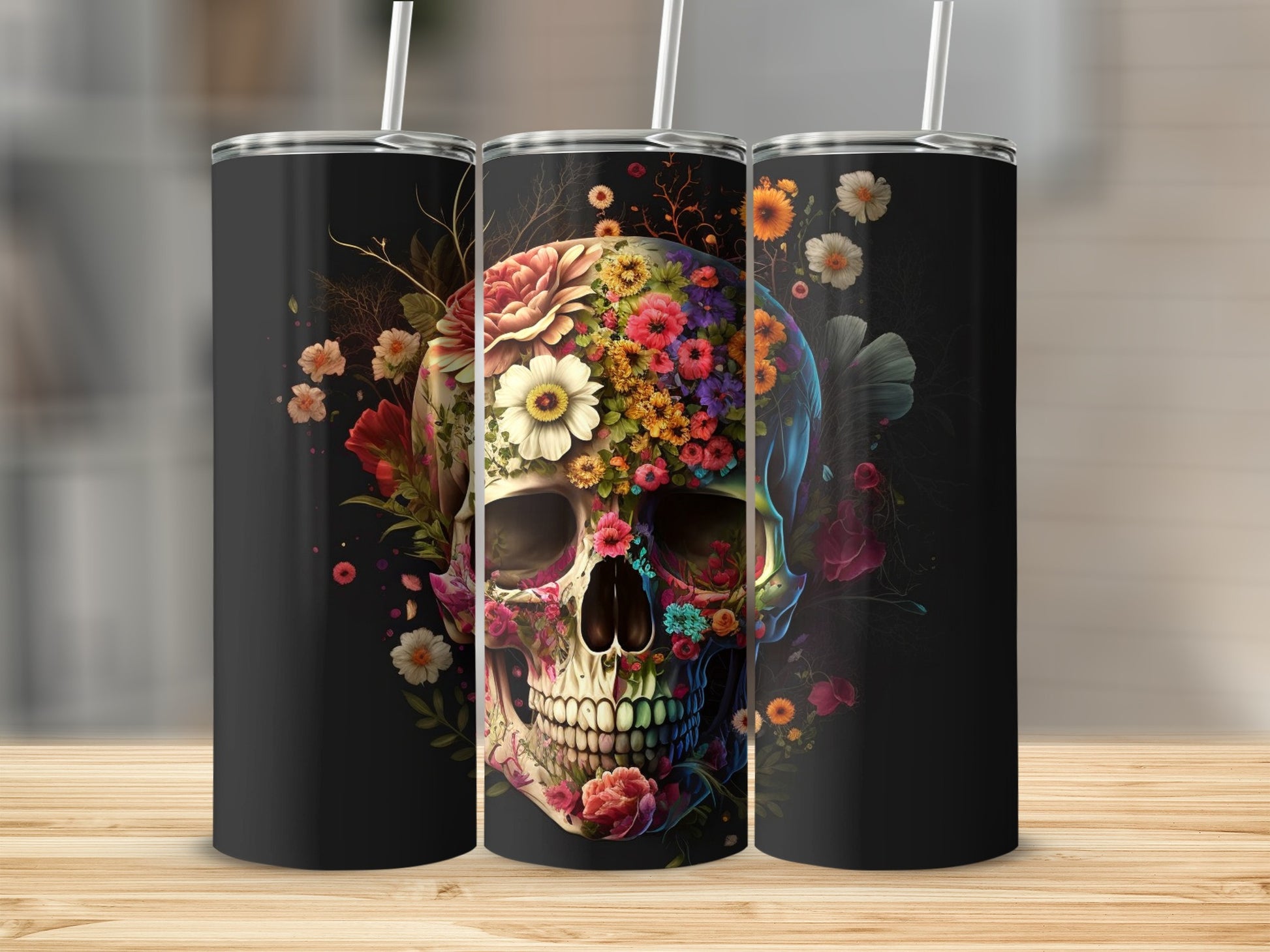 Floral Skull Design on Black Tumbler Drinkware