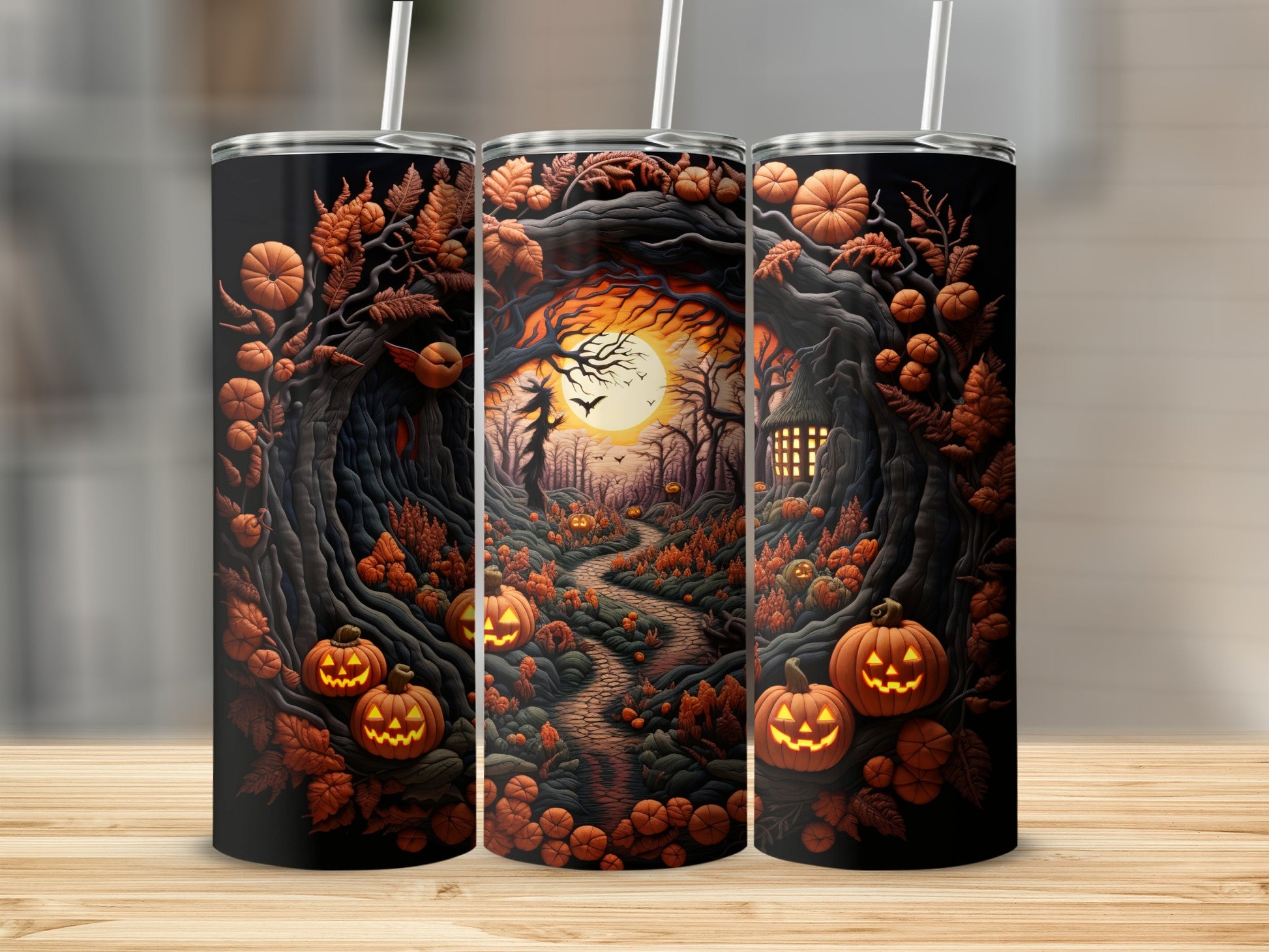 Halloween tumbler with spooky forest, jack-o'-lanterns, and a witch under a full moon.