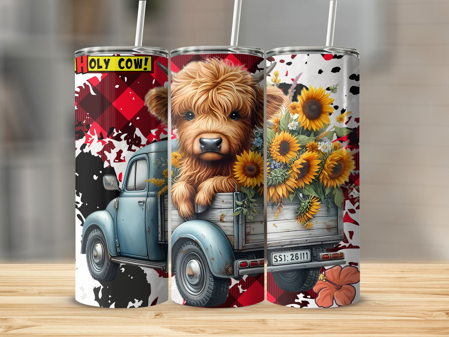 Colorful Floral Truck and Puppy Holy Cow Tumbler