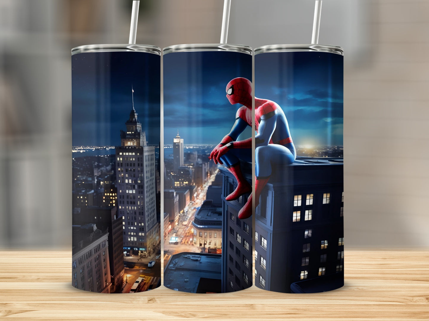 Spider-Man sitting on a building overlooking a city at night.