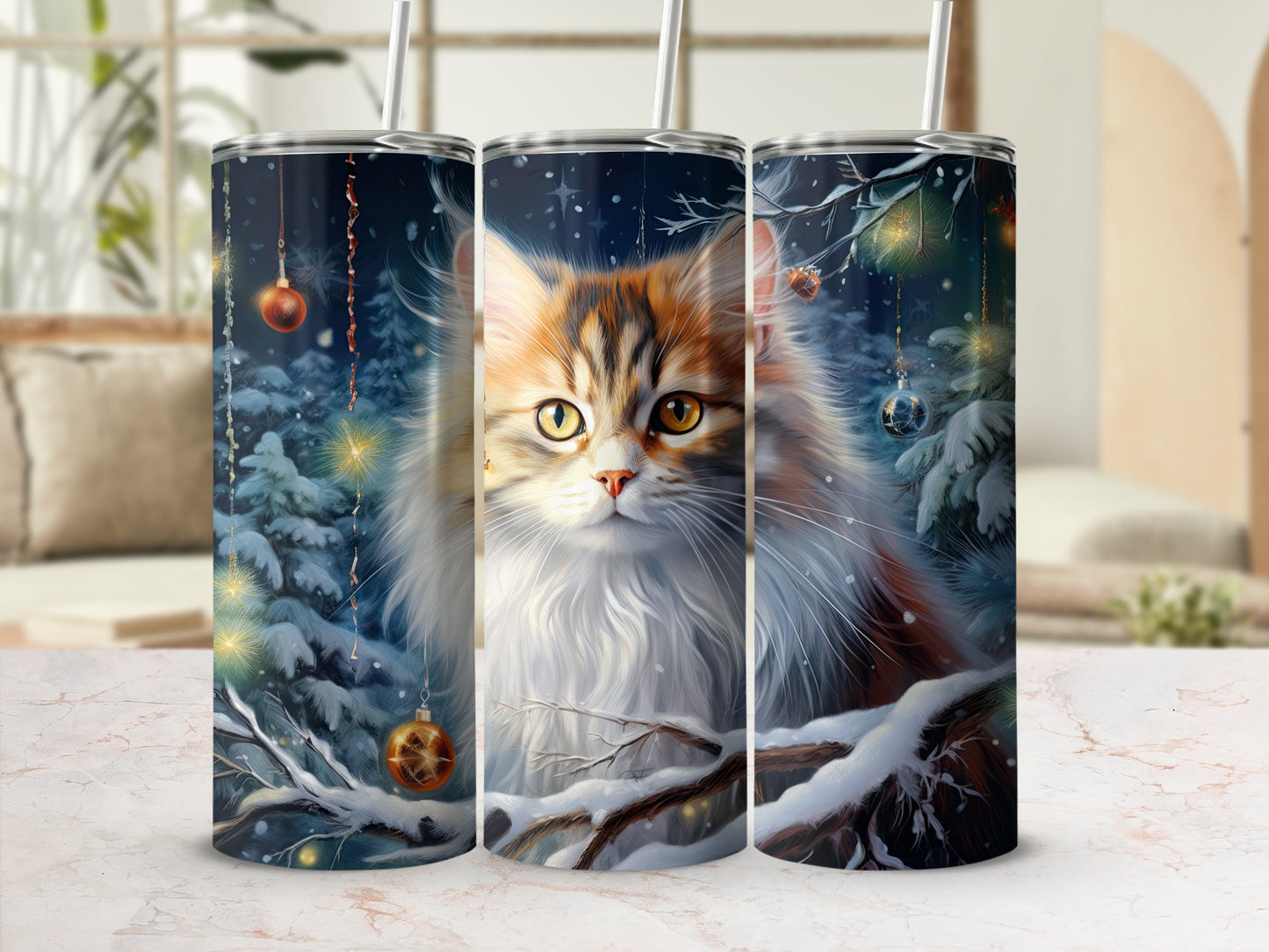 Triptych of tumblers featuring a fluffy cat amidst a snowy, festive forest scene.