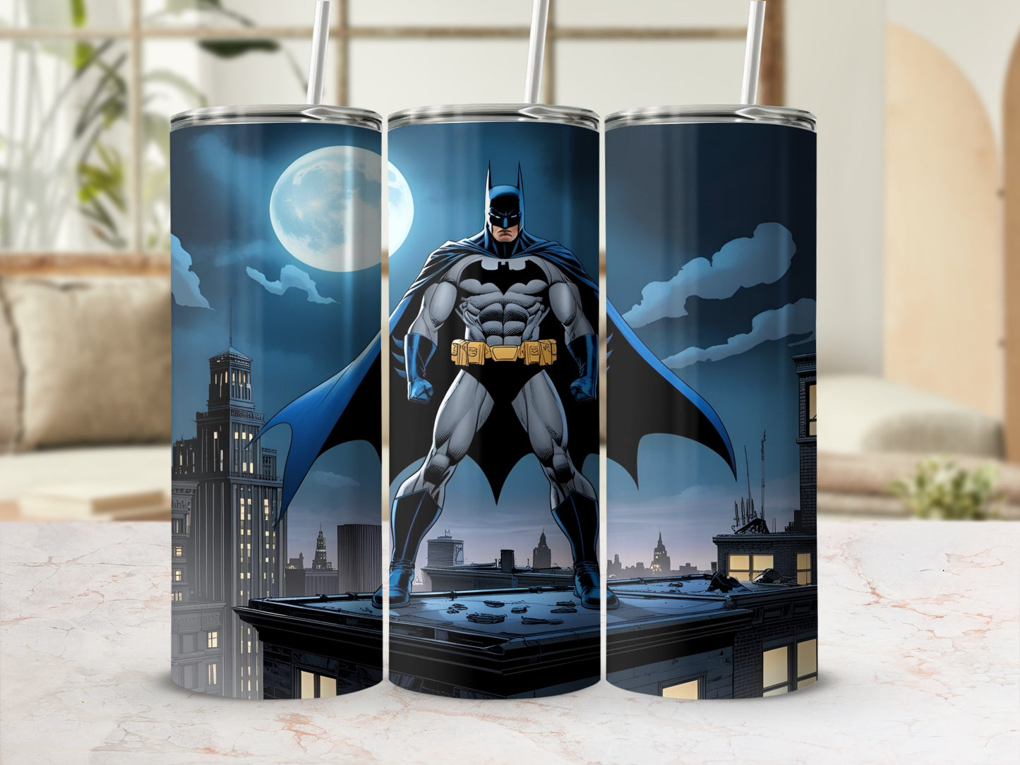 Batman standing on a rooftop at night with a full moon behind him.