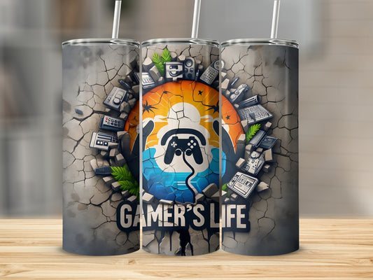 "Gamer's Life" tumbler with controller, gaming icons, and cracked wall design.