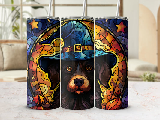 Dog wearing a wizard hat with a stained glass pattern.