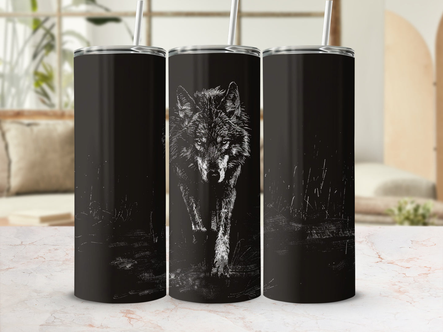 Sketch Style Wolf Art Graphic Design Black Tumbler product type