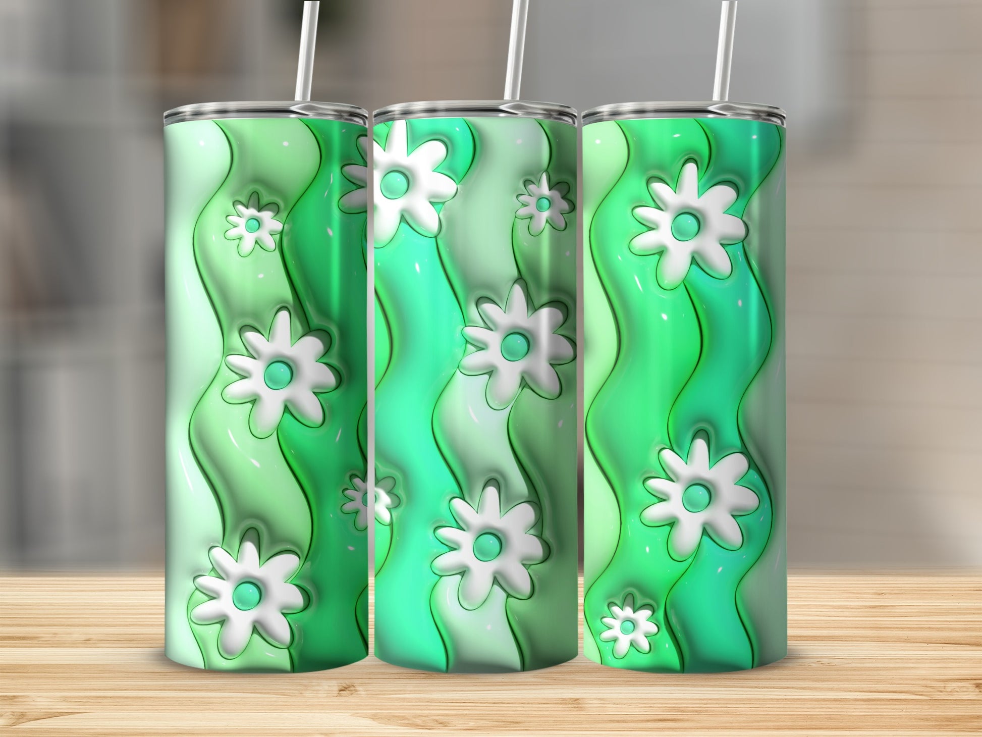 Green and White Floral Wave Design Tumbler Cup