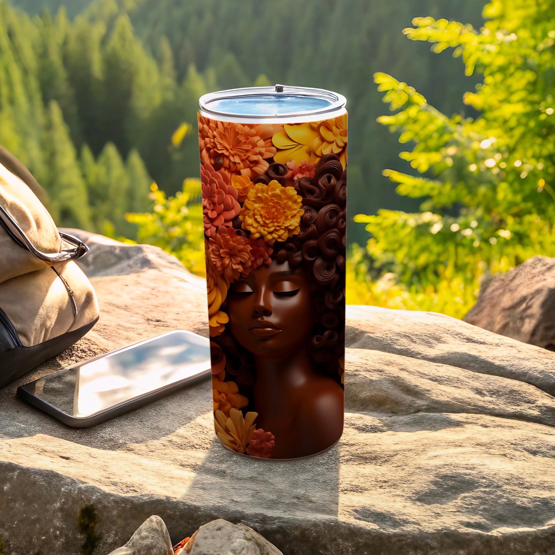 Tumbler with floral crown on woman's head, set outdoors.
