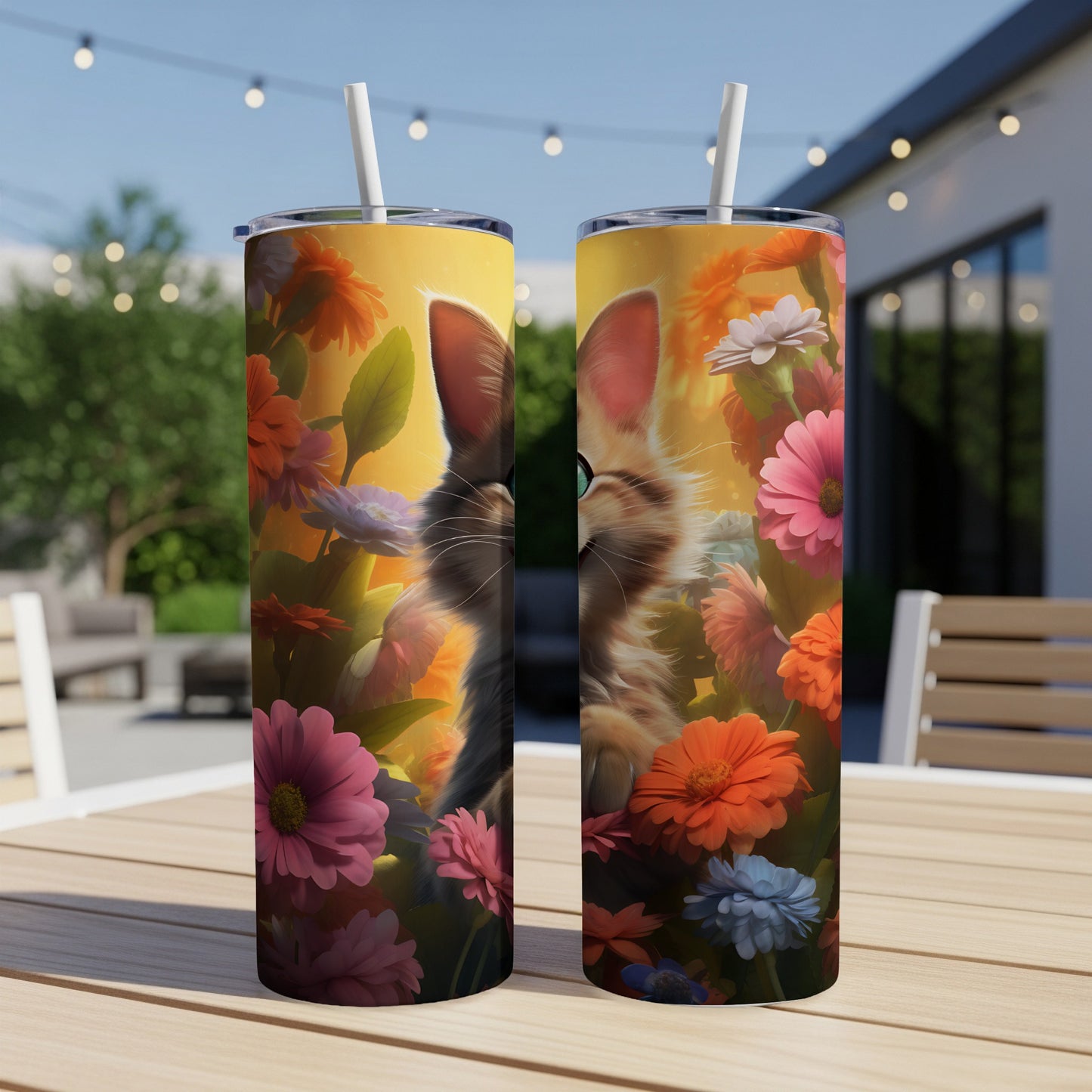 Two tumblers featuring a kitten surrounded by colorful flowers.