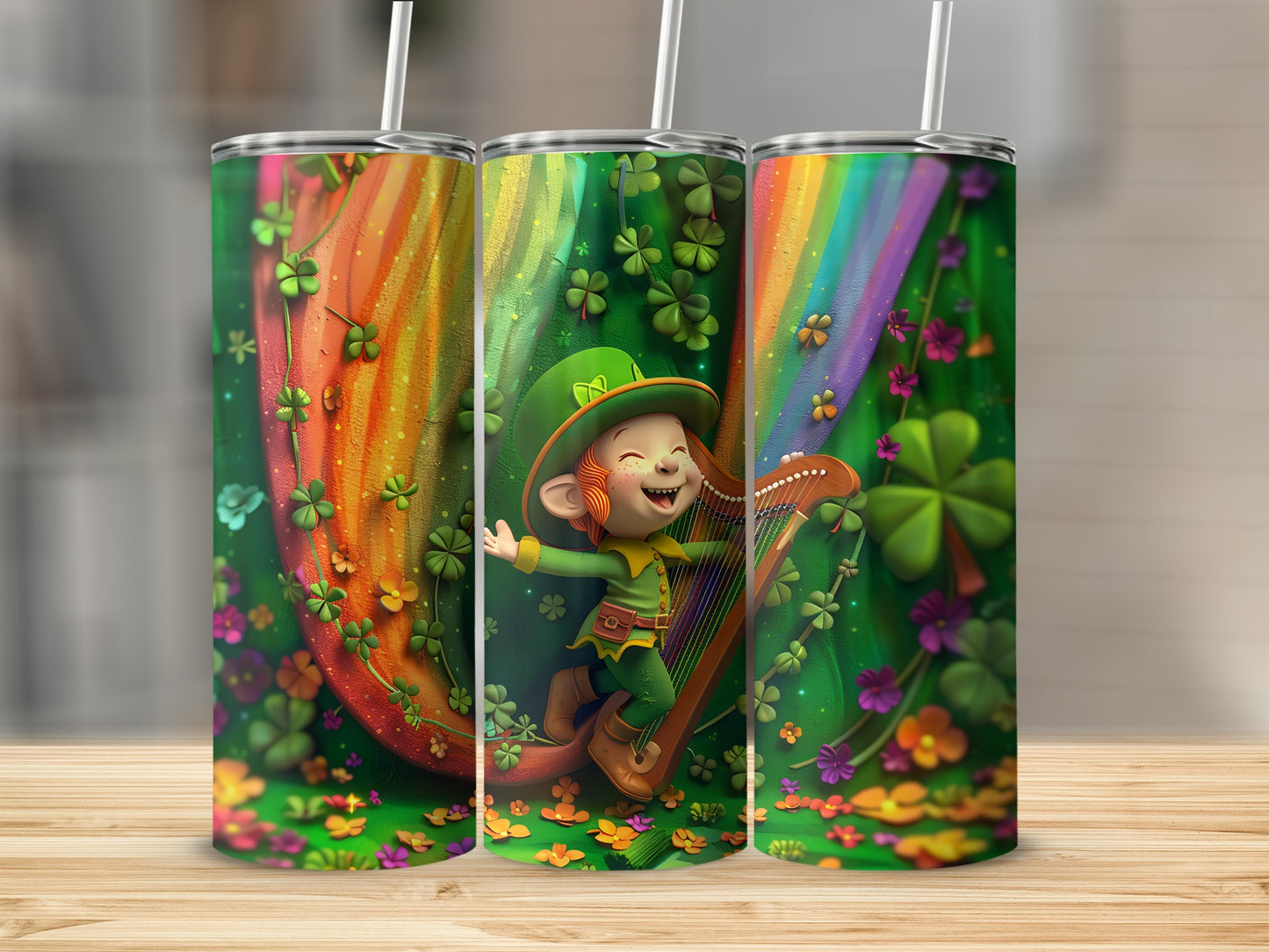 Leprechaun playing harp under a rainbow with shamrocks and flowers.