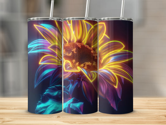 Neon sunflower pattern on three insulated tumblers against a dark background.