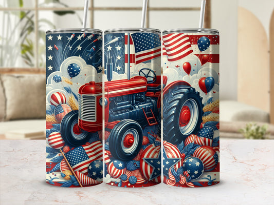 Red tractor with American flags, stars, and balloons on a patriotic background.