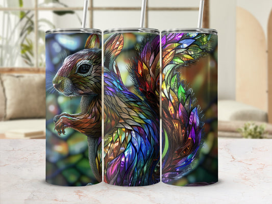 Tumbler with stained glass squirrel design and colorful feather-like tail.