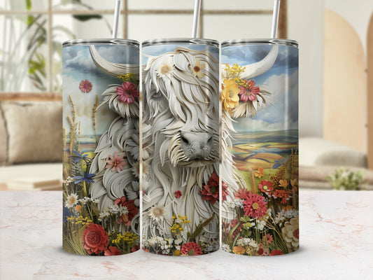 White Highland cow with floral mane and tail on a patterned tumbler.