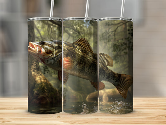 Trout jumping from water with blurry forest background on three tumblers.