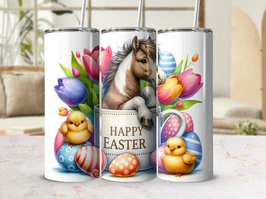 Easter tumbler with horse, chicks, tulips, and decorated eggs.