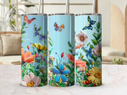 Floral design with butterflies on a blue background.