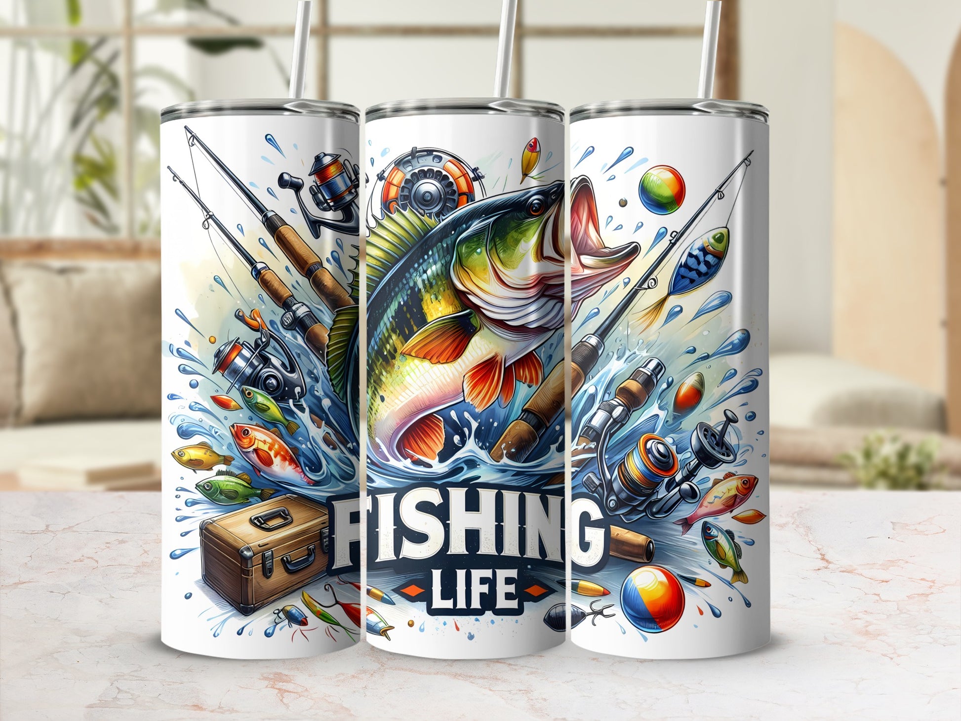 Fishing themed tumblers with bass, fishing gear, and "FISHING LIFE" text.