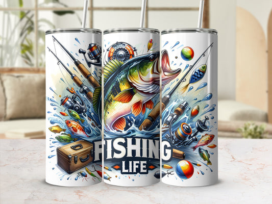 Fishing themed tumblers with bass, fishing gear, and "FISHING LIFE" text.