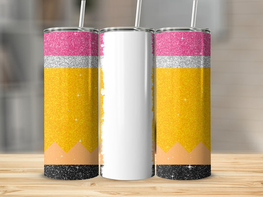 Three glittery pencil-themed tumblers with white sections for personalization.