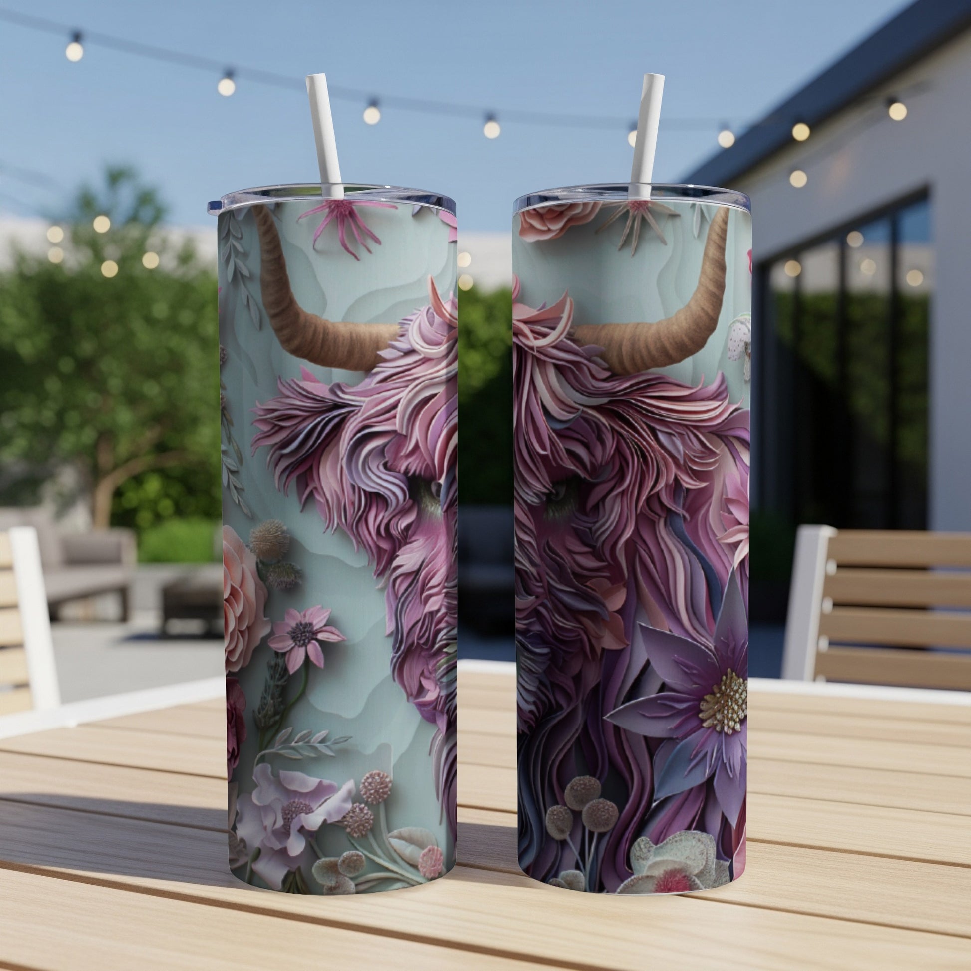 Two tumblers featuring a stylized pink Highland cow with floral accents.