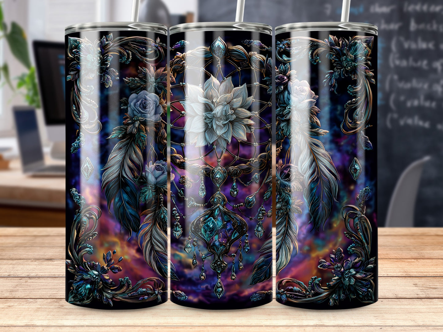 Intricately Designed Tumbler with Floral and Feather Art