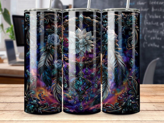 Intricately Designed Tumbler with Floral and Feather Art