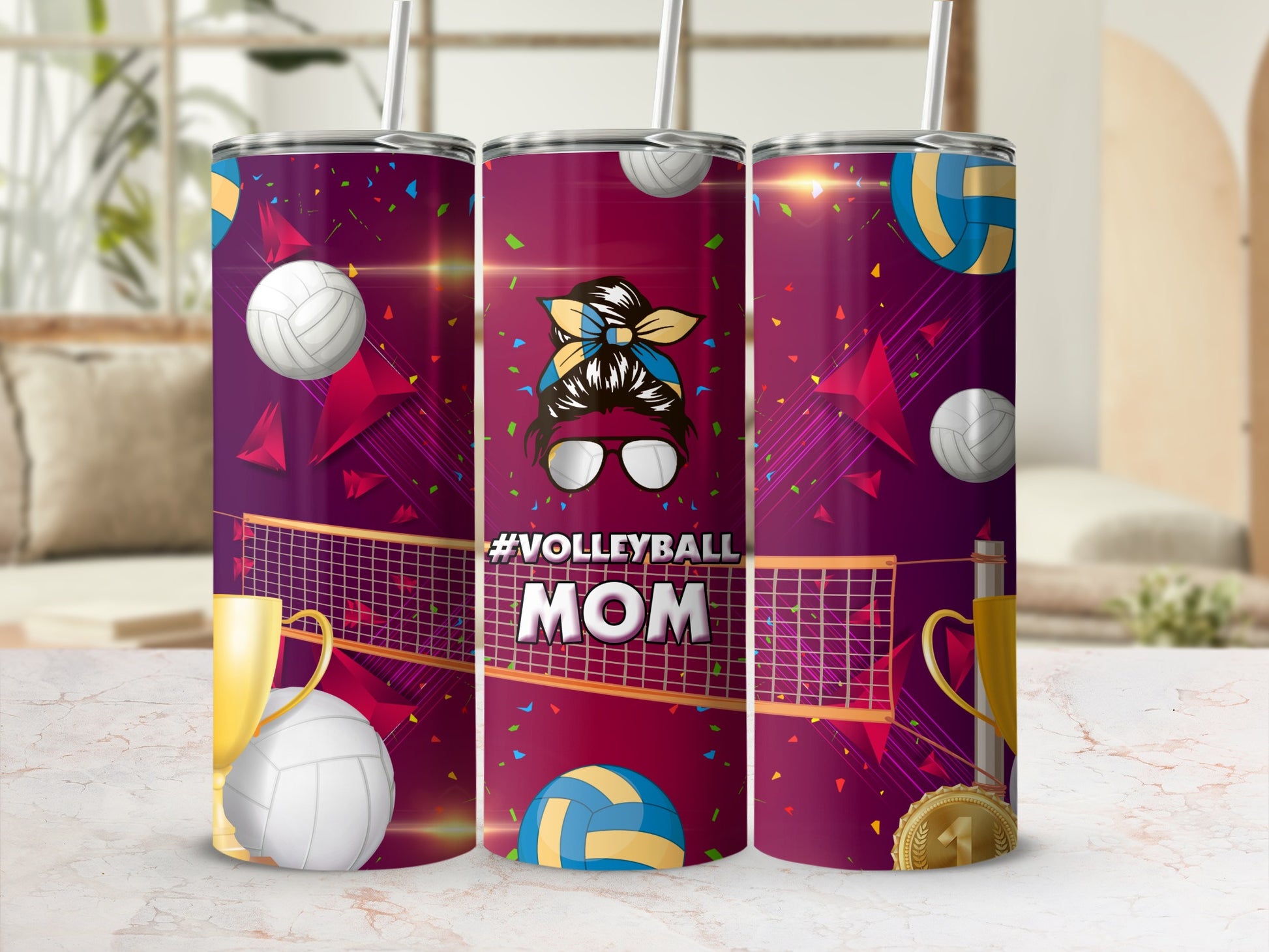 Volleyball mom tumbler with net, trophies, and balls.