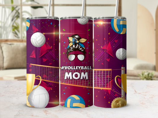 Volleyball mom tumbler with net, trophies, and balls.