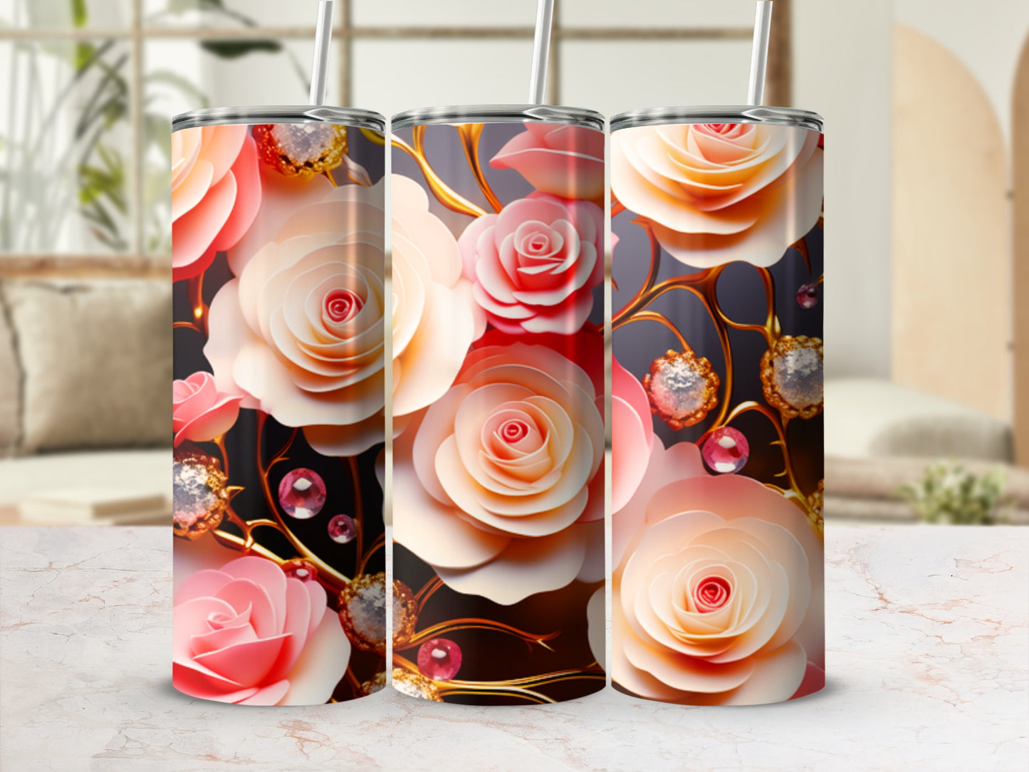 Three pink and cream roses with gold accents and jewels on tumblers.