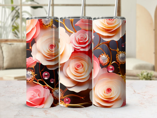 Three pink and cream roses with gold accents and jewels on tumblers.