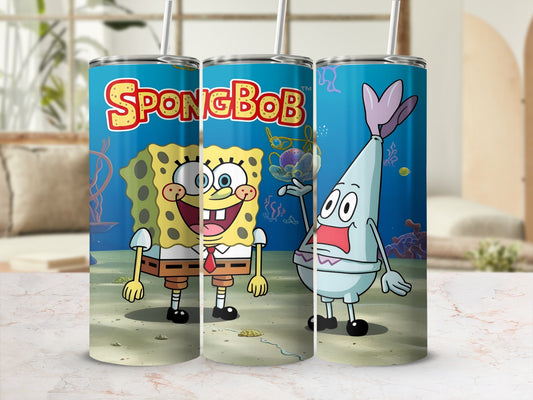 SpongeBob SquarePants and Patrick Star on a colorful tumbler.