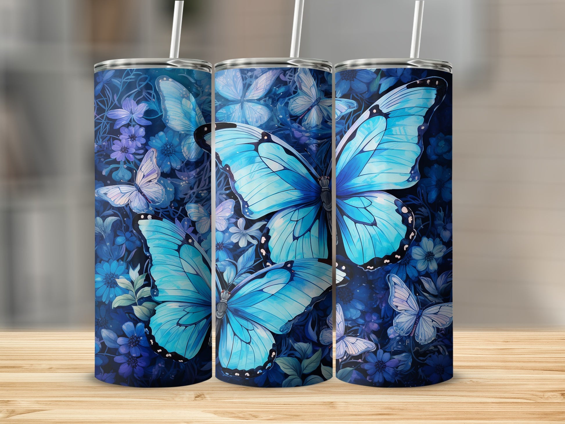 Blue Butterfly and Floral Pattern Insulated Tumbler