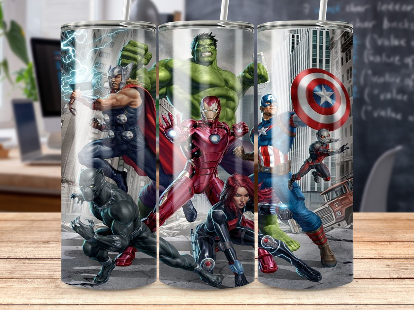 Assembled Avengers on Cityscape Background Design Tumblers