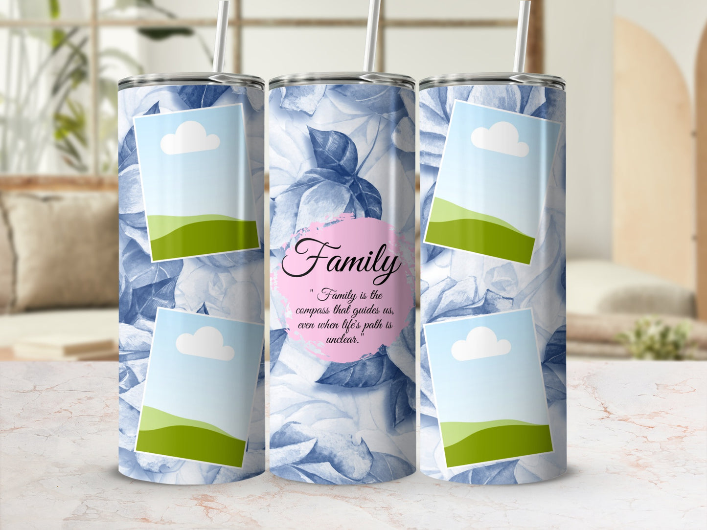 Tumblers with blue floral pattern and framed "Family" quote.