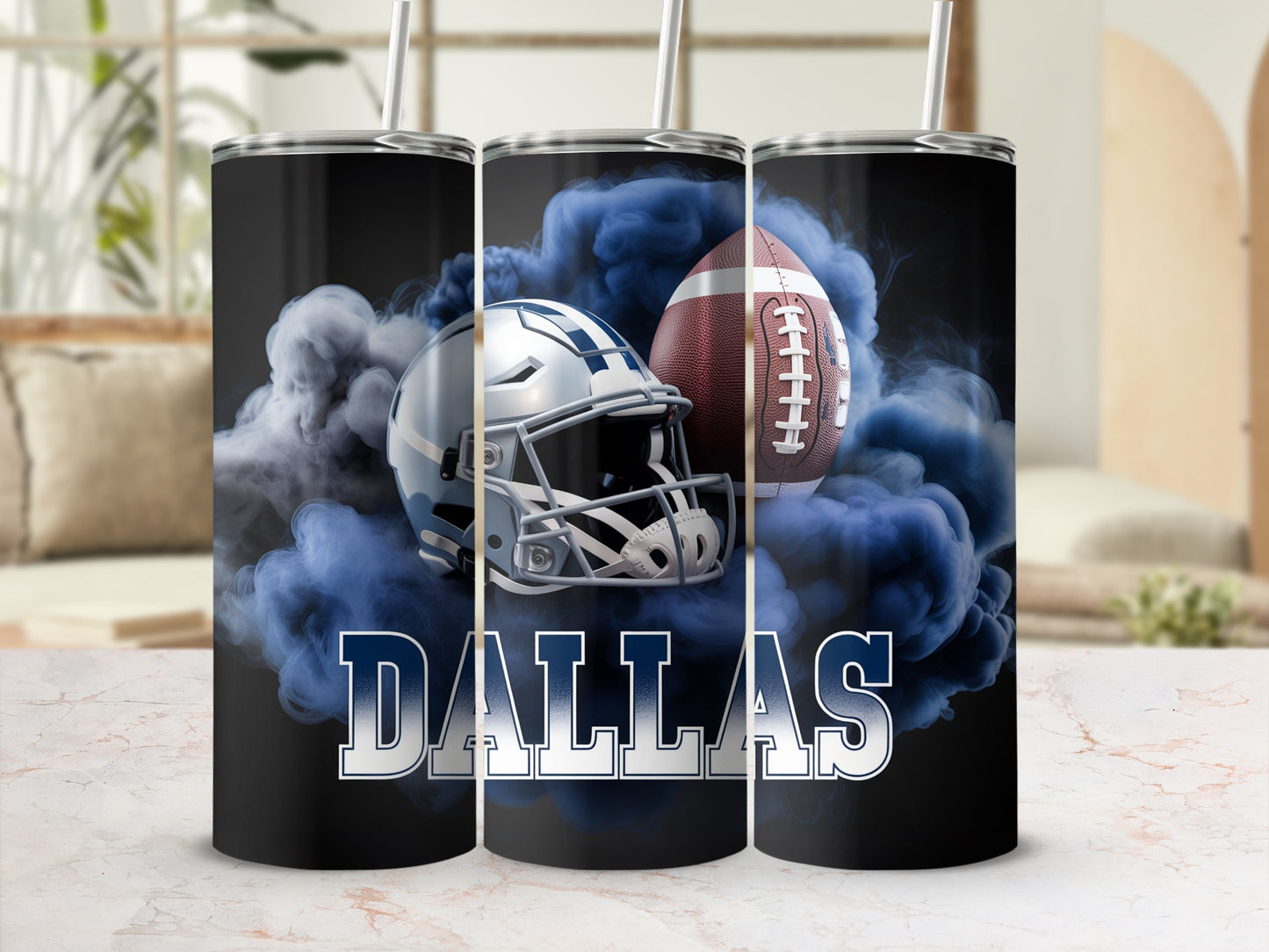 Dallas Cowboys football helmet and ball in blue smoke on tumbler.