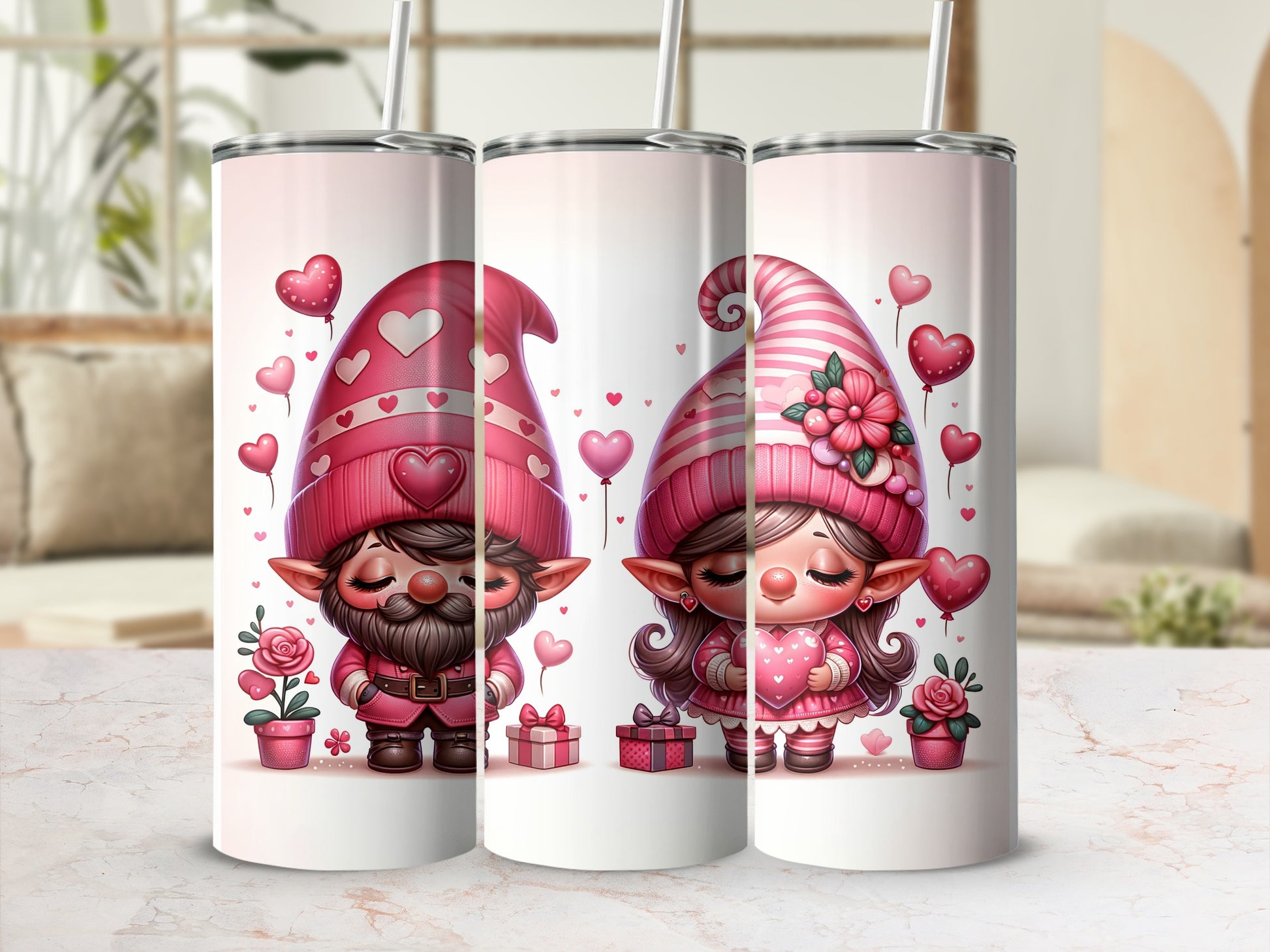 Two Valentine gnomes with hearts, one holding a gift.