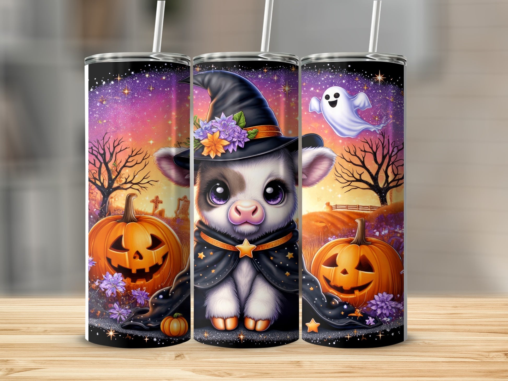 Three tumblers with a Halloween cow, pumpkins, and a ghost on a starry sky background.