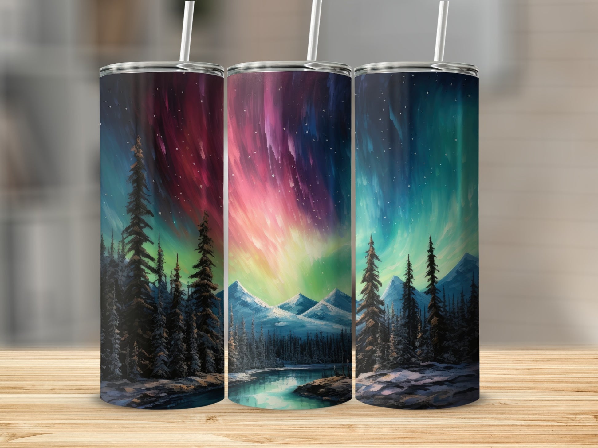 Northern Lights Mountain Forest Landscape Tumbler Product