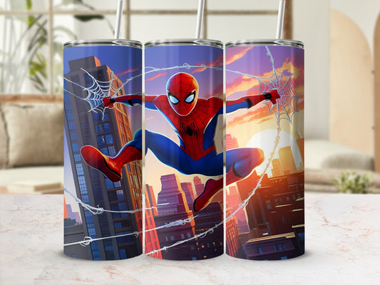 Spider-Man swings through city skyline on a colorful tumbler.