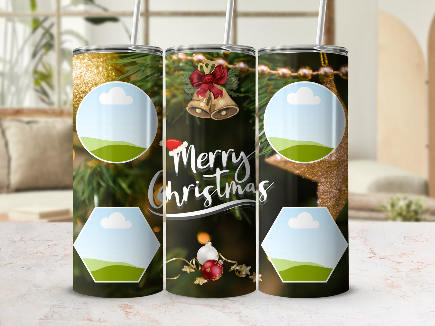 Three tumblers with Christmas design, featuring bells, ornaments, and blank photo frames.