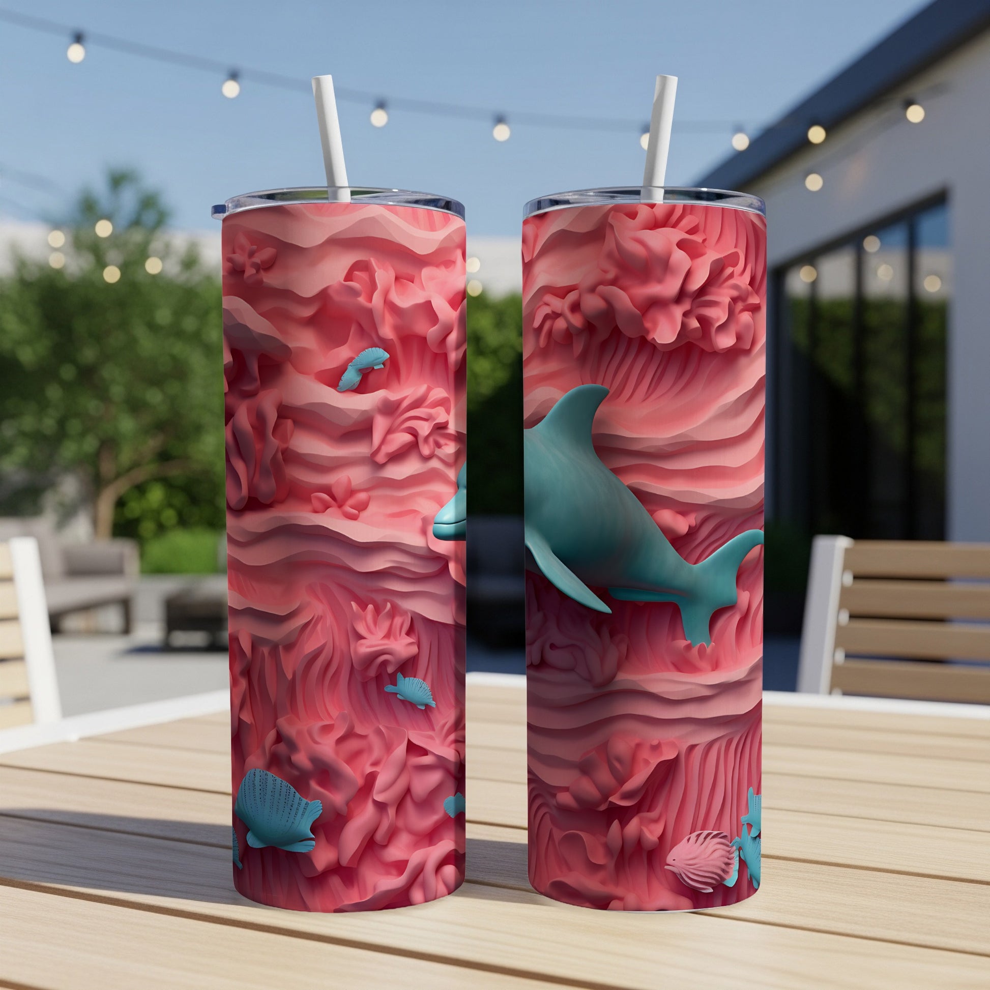 Pink coral texture with teal dolphin and fish on two tumblers.