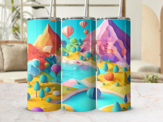 Colorful landscape with hot air balloons on a set of three tumblers.