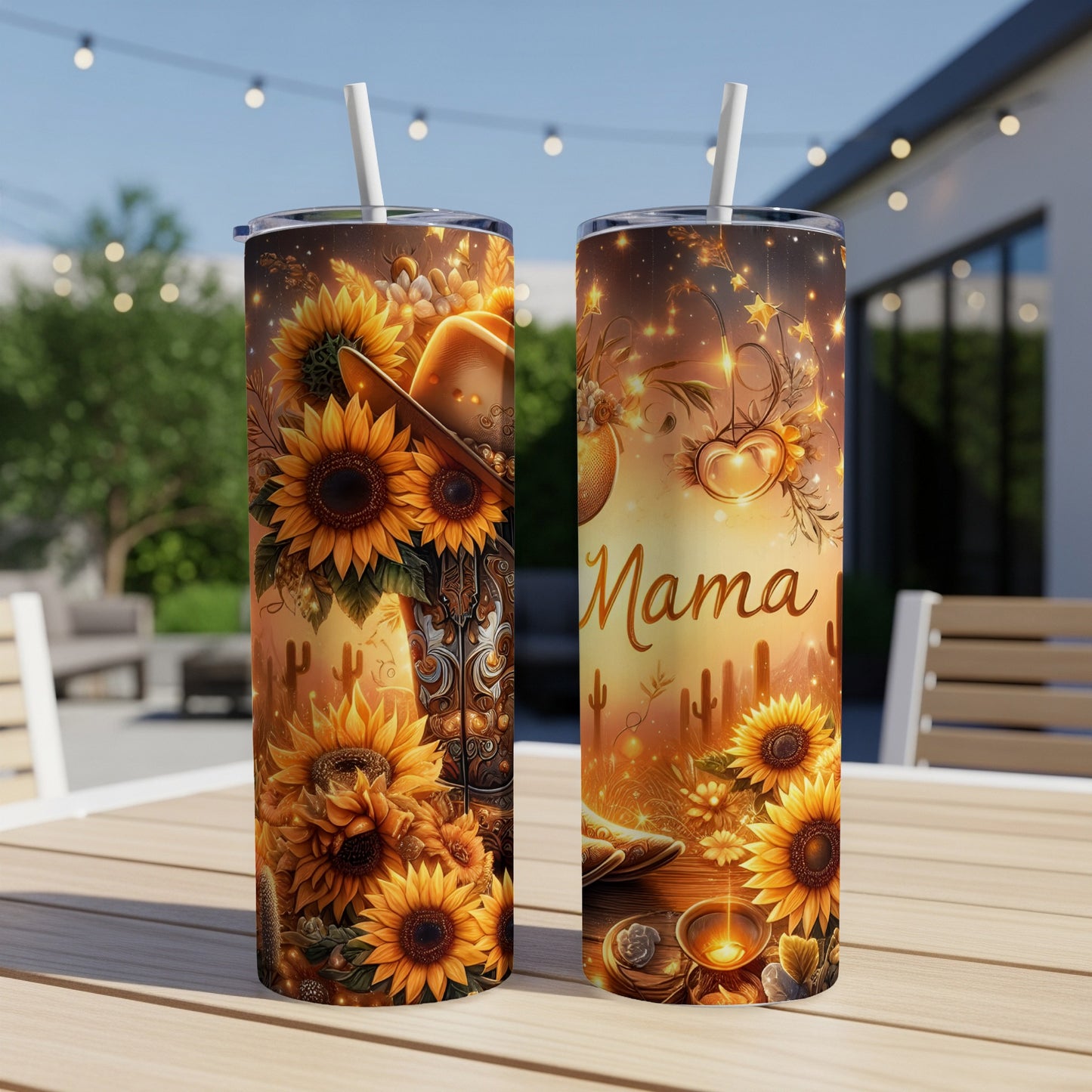 Two sunflowers and a cowboy hat adorn this "Mama" tumbler with a warm, glowing background.