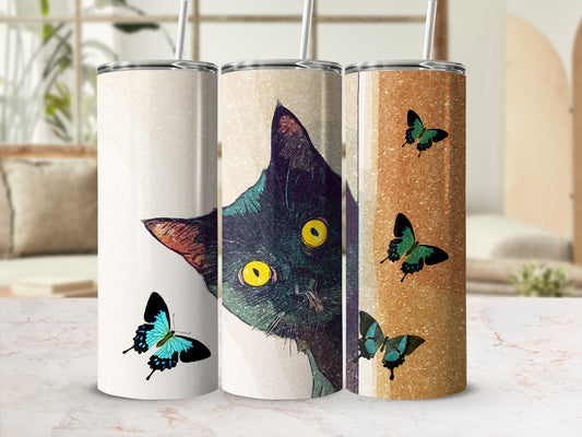 Three tumblers with a black cat and blue butterflies.